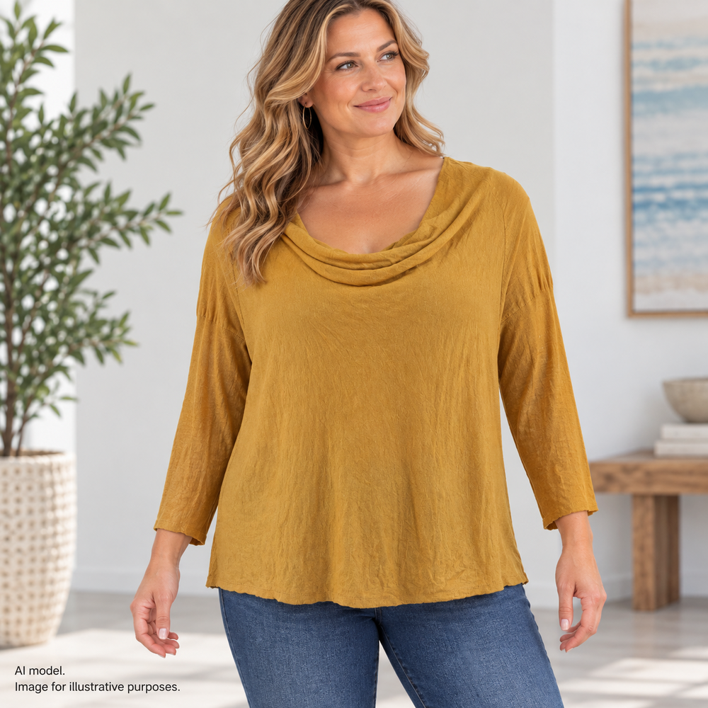 Eileen Fisher Shirt Womens Large Lux Silk Linen Cowl Neck Drop Shoulder Coastal